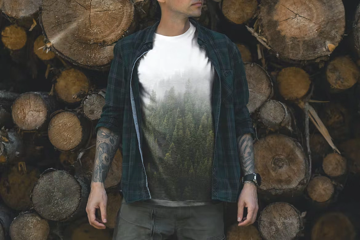 Мокап мужской футболки с бэкграундом хвойного леса 